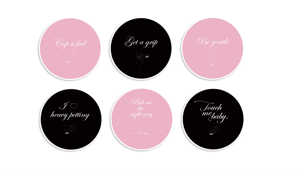 Six different pink and black coasters with a message.